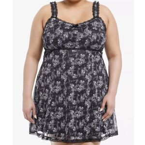 Daisy Street Hot Topic Babydoll Black & Grey Skull Heart Cami Slip Dress Plus 3